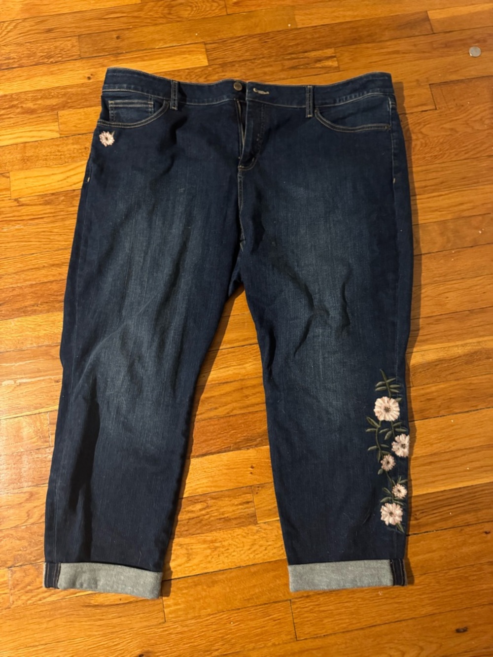 NYDJ Dark Blue Cropped Jeans with Pink Floral Embroidery